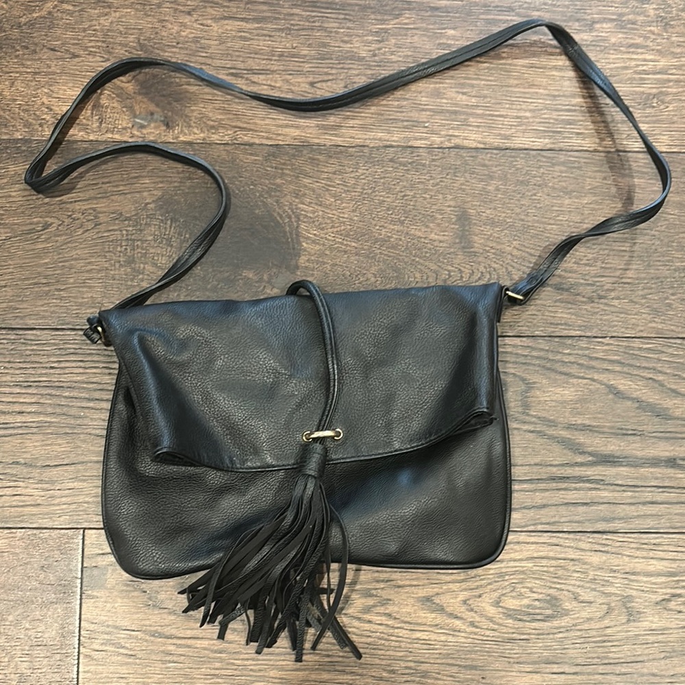 Black Leather Crossbody Bag with Tassel